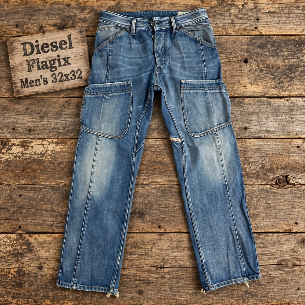 Diesel Flagix Mens 32x32 Blue Cargo Utility Straight Leg Jeans Wash 008AT